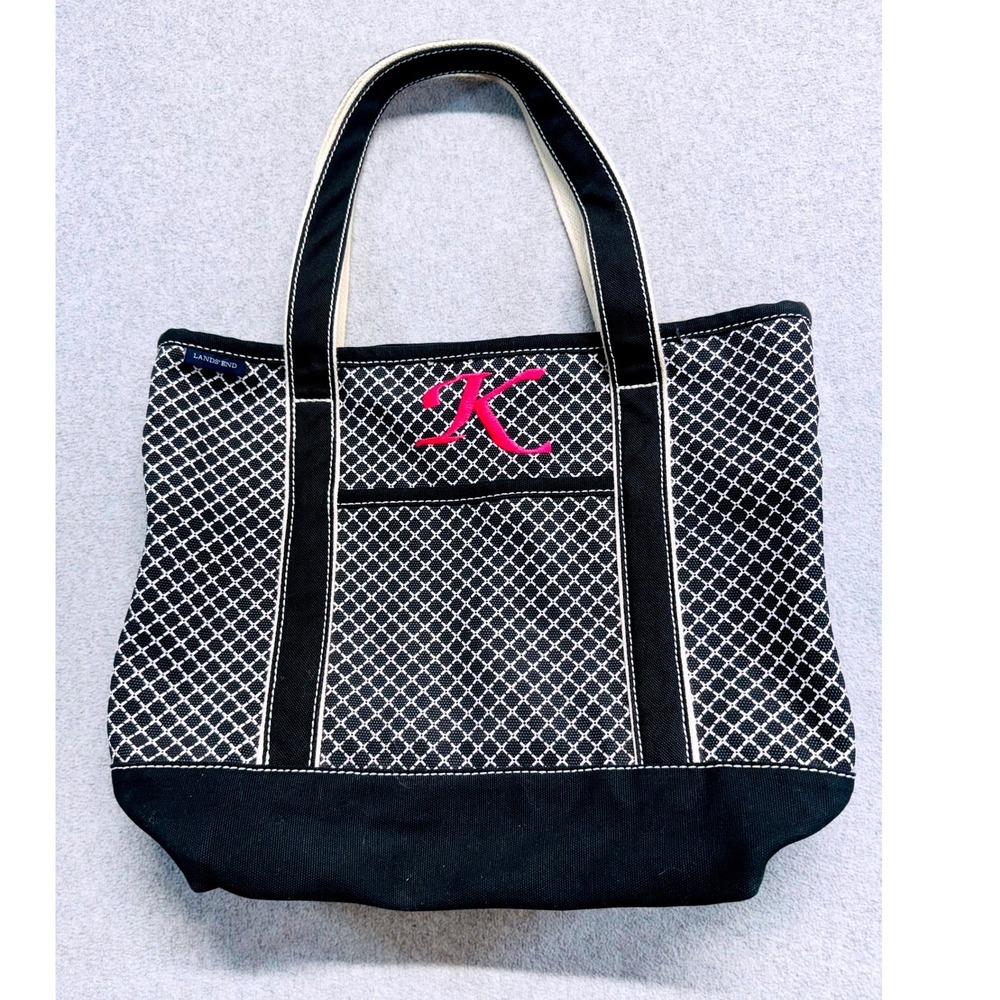 Lands End Tote Bag Womens M Black White Geometric Pink Monogram K Canvas Travel
